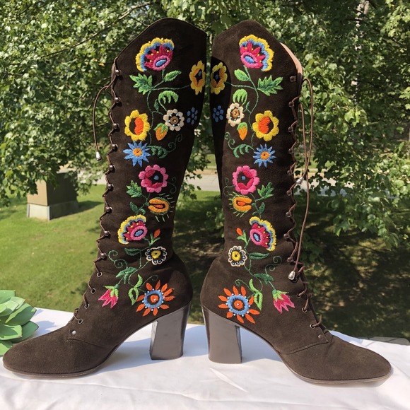 Jerry Edouard Shoes - Vtg Jerry Edouard Brown Suede Embroidered Beaded 60'/70's Penny Lane GoGo Boots